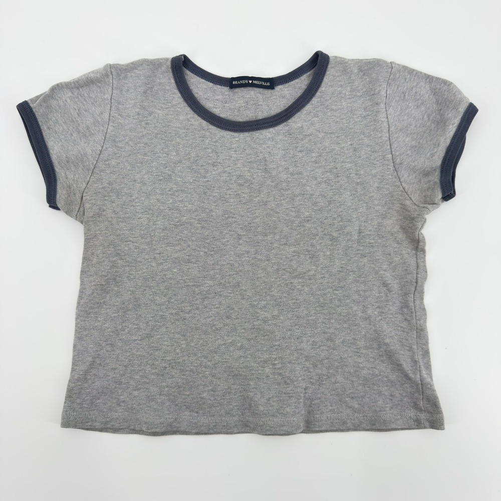 Brandy Melville Womens Heather Gray Navy Blue Ringer Tee Short Sleeve Crop Top